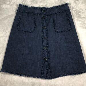 Lafayette 148 Skirt Womens Navy Blue Size 14 Tweed Fringe Button Pockets Lined